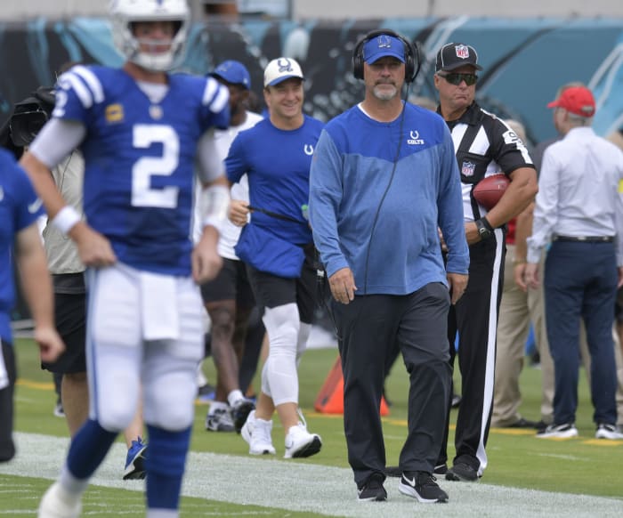 Colts assistant coach and former Jaguars head coach Gus Bradley enters the field ahead of Sunday's Jaguars vs Colts matchup. The Jaguars went into the first half with a 17 to 0 lead over the Colts. The Jacksonville Jaguars hosted the Indianapolis Colts at TIAA Bank field in Jacksonville, FL Sunday, September 18, 2022.